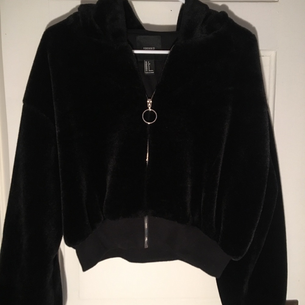 Black Cropped Fur Hoodie